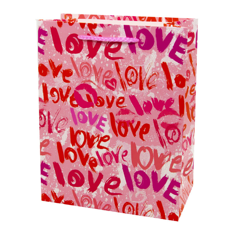 Пакет подарочный, Сердца и поцелуи, Розовый, с блестками,23*18*10 см, 1 шт купить в Чебоксарах