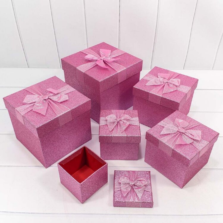 Коробка подарочная  №1-6 Сверкающий бант, Розовый, Металлик, 20*20*18 см купить в Чебоксарах