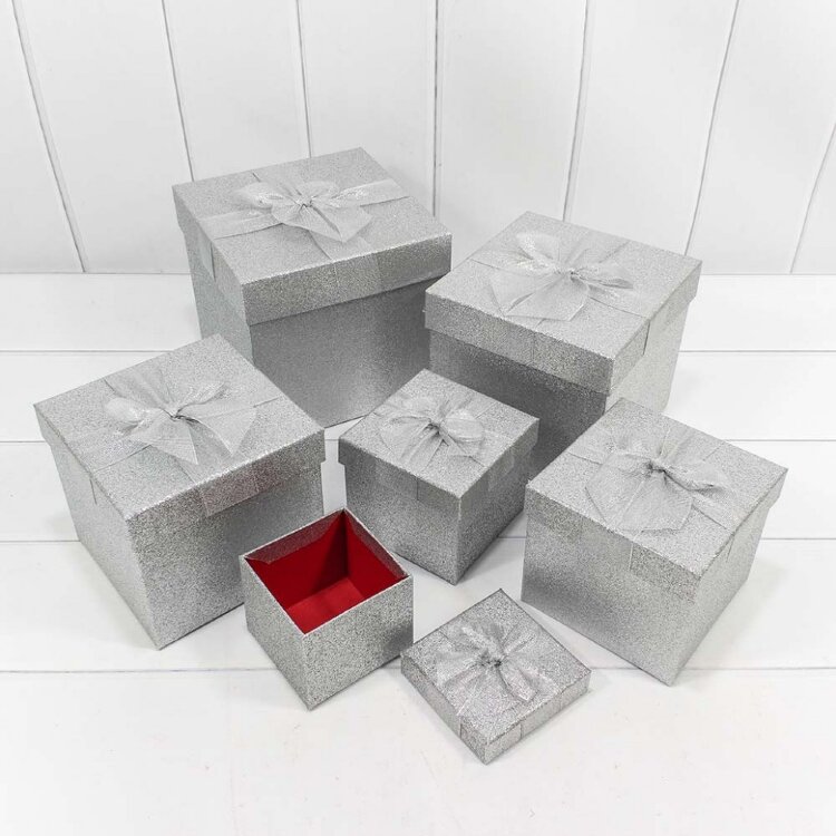 Коробка №3-6 Сверкающий бант, Серебро Металлик 15,5*15,5*14,5 купить в Чебоксарах