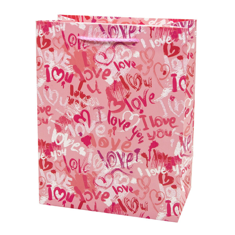 Пакет подарочный, I Love (сердечки граффити), Розовый, с блестками, 23*18*10 см, 1 шт купить в Чебоксарах