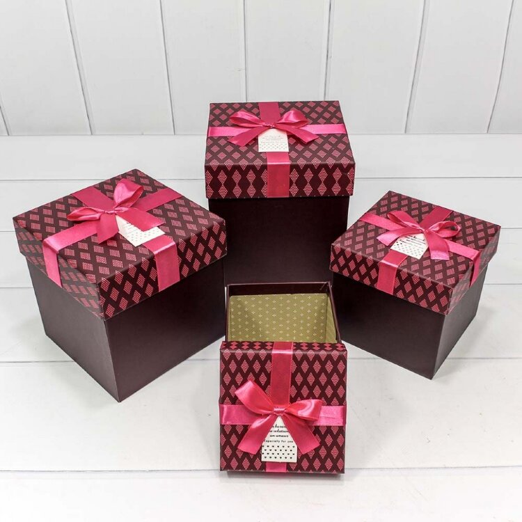 коробка №3-4 Бордовый куб с розовым бантом 13,5*13,5*13 купить в Чебоксарах