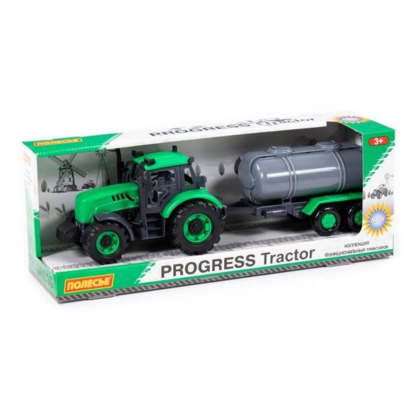 Трактор "Прогресс" с прицепом-цистерной инерционный (зелёный) 395х120х150(в кор) купить в Чебоксарах